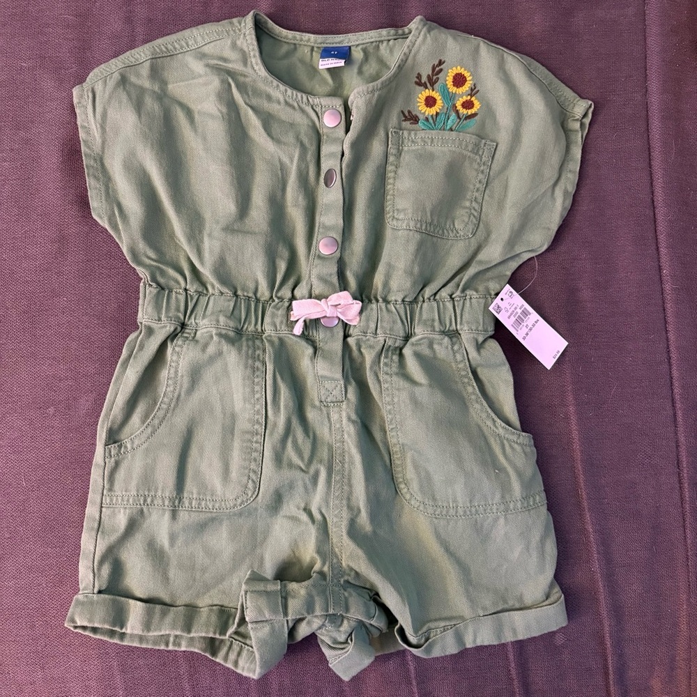 Green Kids Romper with Sunflower Embroidery